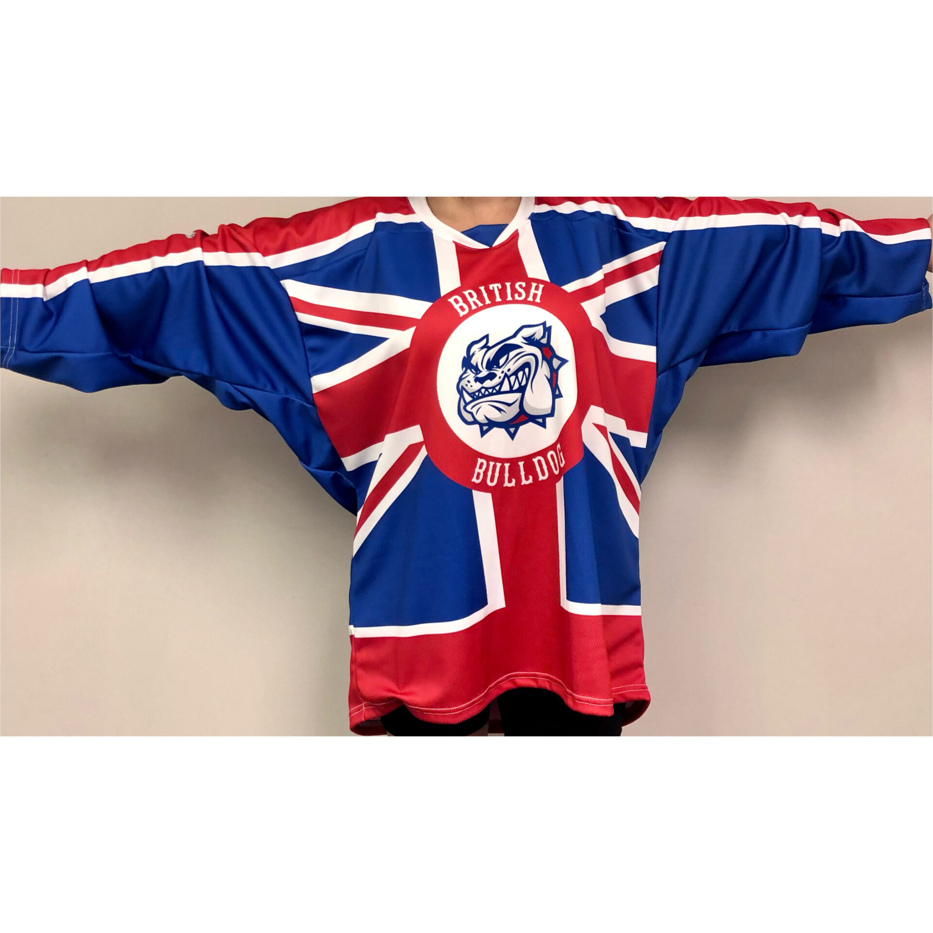 British Bulldog hockey jersey with Red and shoulders. Sizes: Small – 5X. – Mess Bucket Comics